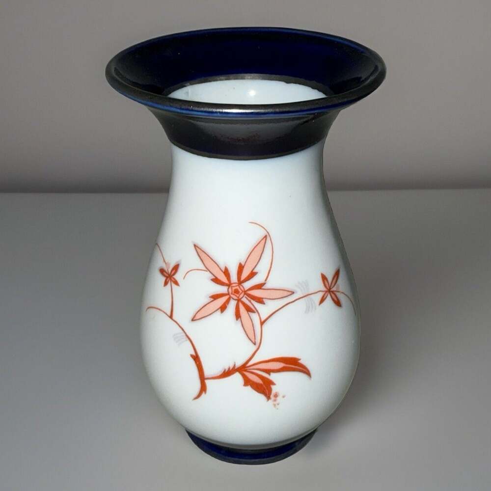 VTG German 5 1/2" Porcelain Vase White & Cobalt Orange Floral Design Grannycore